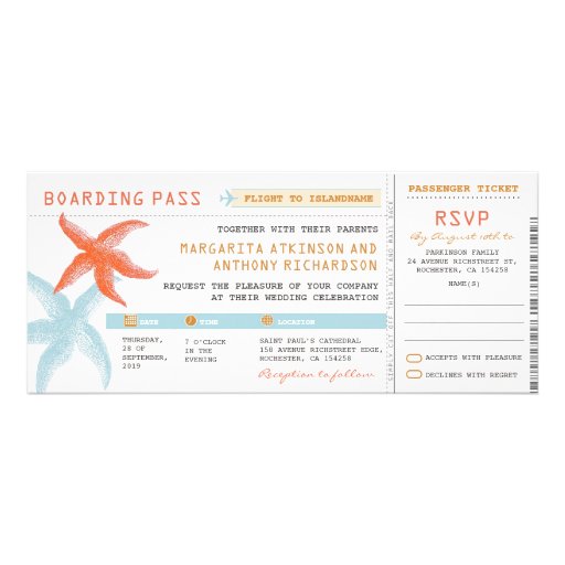 boarding pass wedding tickets with RSVP together Custom Invitation