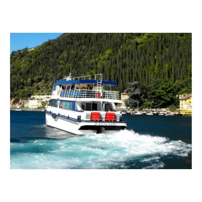 Boat leaving Maderno on Lake Garda Print by ANGELHELEN