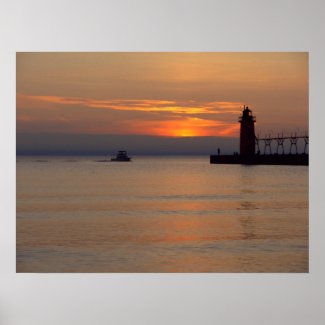 Boat on Lake Michigan at South Haven Lighthouse print