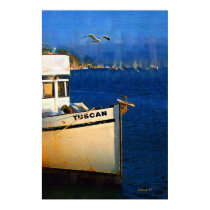 Boat, Seagull, Sunset, Morro Bay, Calif posters