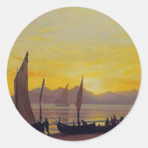 Boats Ashore at Sunset, Albert Bierstadt. Round Sticker