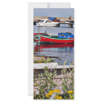 Boats docked in small harbor full color rack card