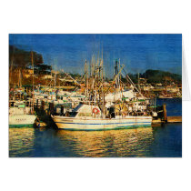 Boats, sunset, Morro Bay, California cards