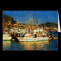 Boats, sunset, Morro Bay, California cards