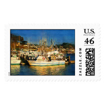 Boats, sunset, Morro Bay, California postage