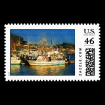 Boats, sunset, Morro Bay, California postage