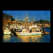 Boats, sunset, Morro Bay, California posters