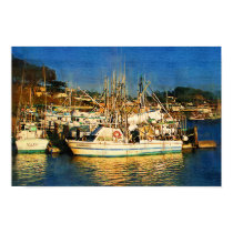 Boats, sunset, Morro Bay, California posters