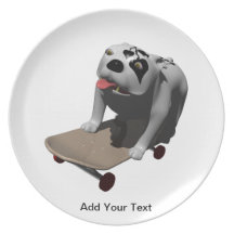 Bobo rides his skateboard dinner plates