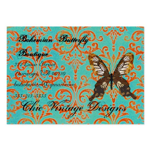 Bohemian Butterfly Boutique Turqoise & Orange Dama Business Card (front side)