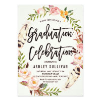 Bohemian Feathers & Floral Wreath Graduation Party Card