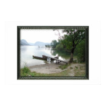 Bohinj lake, beach view with three boats posters