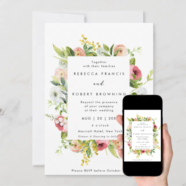 Boho Blush Florals And Greenery Wedding Invitation Zazzle