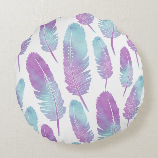 Boho Feather Watercolor Purple and Blue Round Pillow