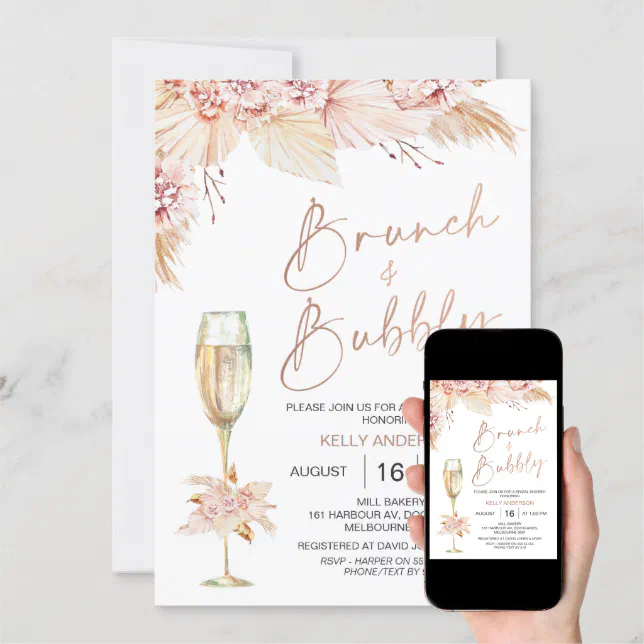 Boho Pampas Brunch Bubbly Bridal Shower Invitation Zazzle