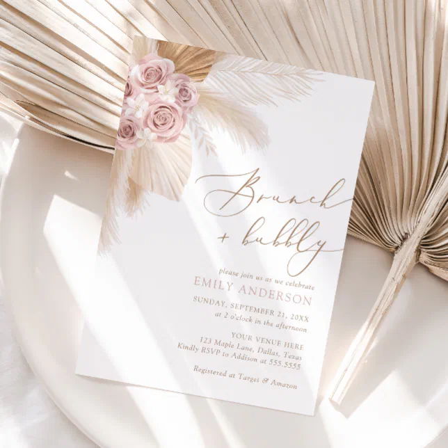 Boho Pampas Grass Brunch And Bubbly Bridal Shower Invitation Zazzle