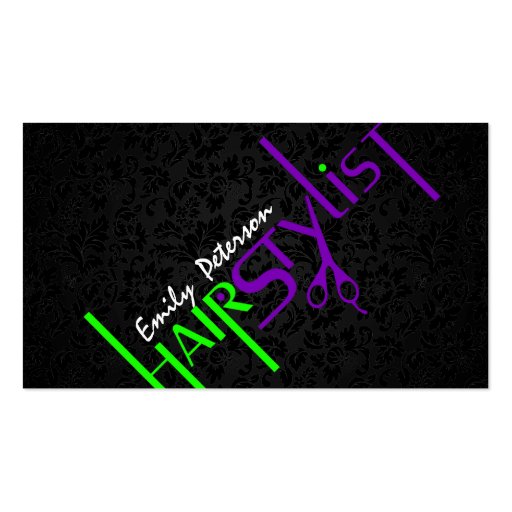 Bold Black Green And Purple Hair Stylist Text 2 Business Cards (front side)