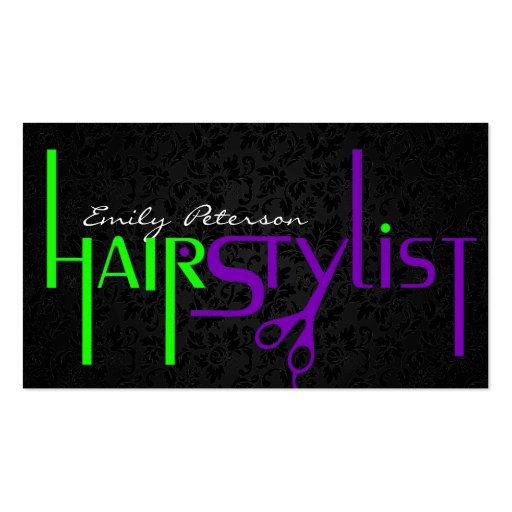 Bold Black Green And Purple Hair Stylist Text Business Cards (front side)