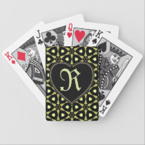 Bold Black & Green Pattern Monogram Heart playing cards