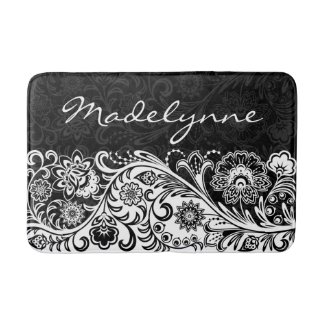 Bold Black White Floral Design Bath Mat