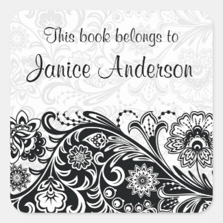 Bold Black White Floral Design Bookplate Sticker