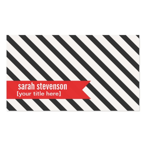 Bold Black white Stripes Red Ribbon Business Card (front side)