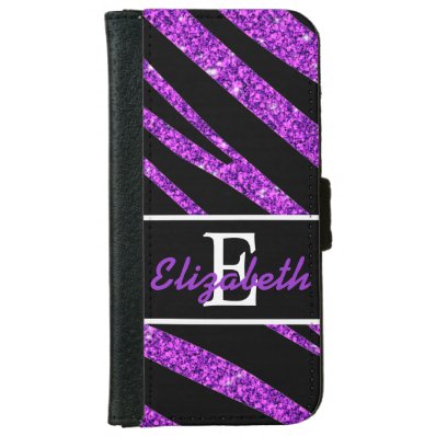 BOLD BLACK ZEBRA STRIPES NAME PURPLE GLITTER WALLET PHONE CASE FOR iPhone 6/6S