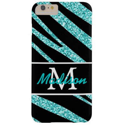 BOLD BLACK ZEBRA STRIPES NAME TEAL GLITTER BARELY THERE iPhone 6 PLUS CASE
