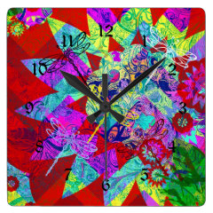 Bold Colorful Abstract Collage with Dragonflies Wall Clocks