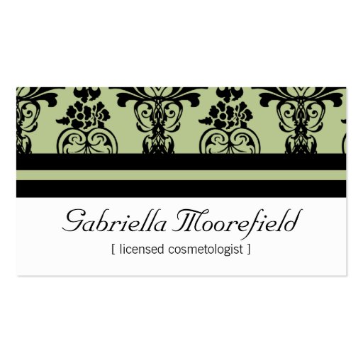 Bold Damask Green Cosmetologist Business Cards (front side)