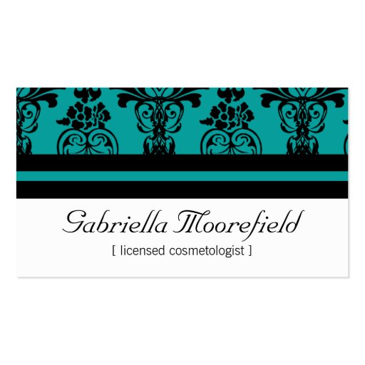 Bold Damask Teal Cosmetologist Business Cards (front side)