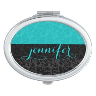 Bold Elegant Black & Turquoise Floral Damasks Travel Mirror