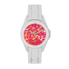 Bold Girly Hot Pink Fuchsia Orange Paint Splashes Wrist Watches