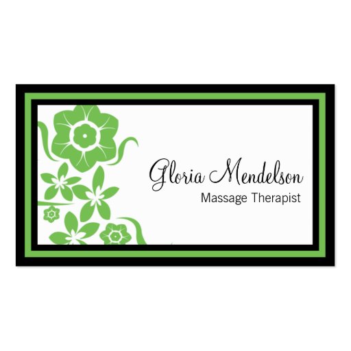 Bold Green Floral Massage Therapy Business Card (front side)