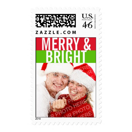 Bold green red Merry Bright photo holiday stamp