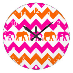 Bold Hot Pink Orange Elephants Chevron Stripes Wallclocks