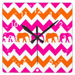 Bold Hot Pink Orange Elephants Chevron Stripes Wall Clock