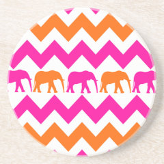 Bold Hot Pink Orange Elephants Chevron Stripes Beverage Coaster