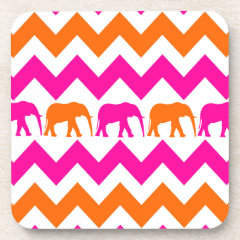 Bold Hot Pink Orange Elephants Chevron Stripes Drink Coasters