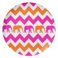Bold Hot Pink Orange Elephants Chevron Stripes Dinner Plates