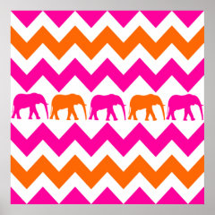 Bold Hot Pink Orange Elephants Chevron Stripes Poster