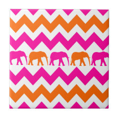 Bold Hot Pink Orange Elephants Chevron Stripes Ceramic Tile