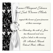 bold intricate black damask on white invitations