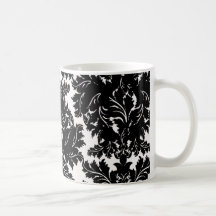 bold intricate black damask on white mugs