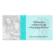 bold ornate aqua aquamarine blue damask pattern personalized photo card