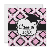 bold pink white black diamond damask graduation personalized invite