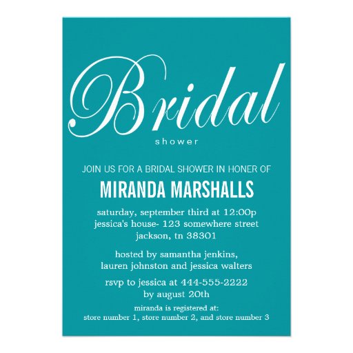 Bold Teal Bridal Shower Invitations