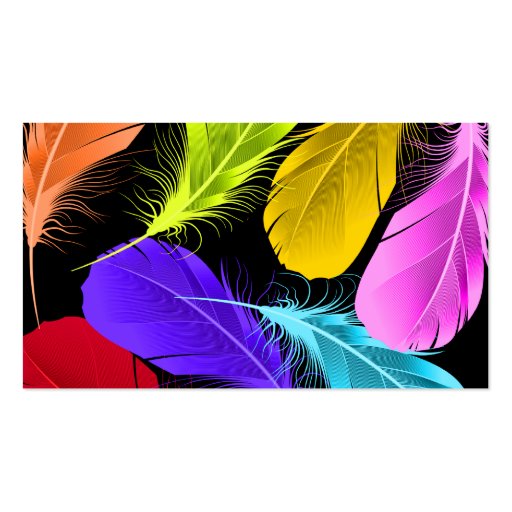 Bold Vivid Wild Colored Feathers On Black Business Card Templates (back side)