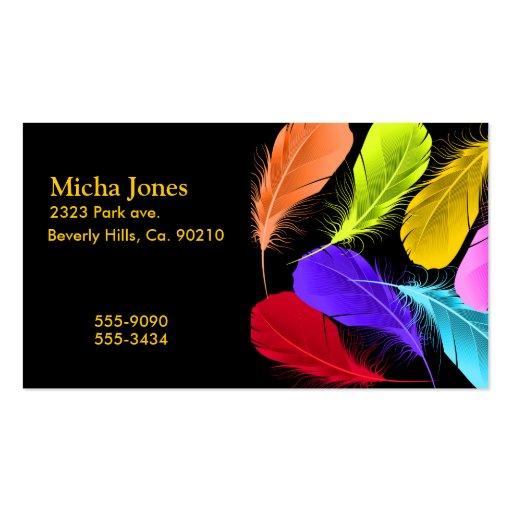 Bold Vivid Wild Colored Feathers On Black Business Card Templates (front side)
