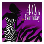 Bombshell Zebra 40th Birthday Party Purple Invites